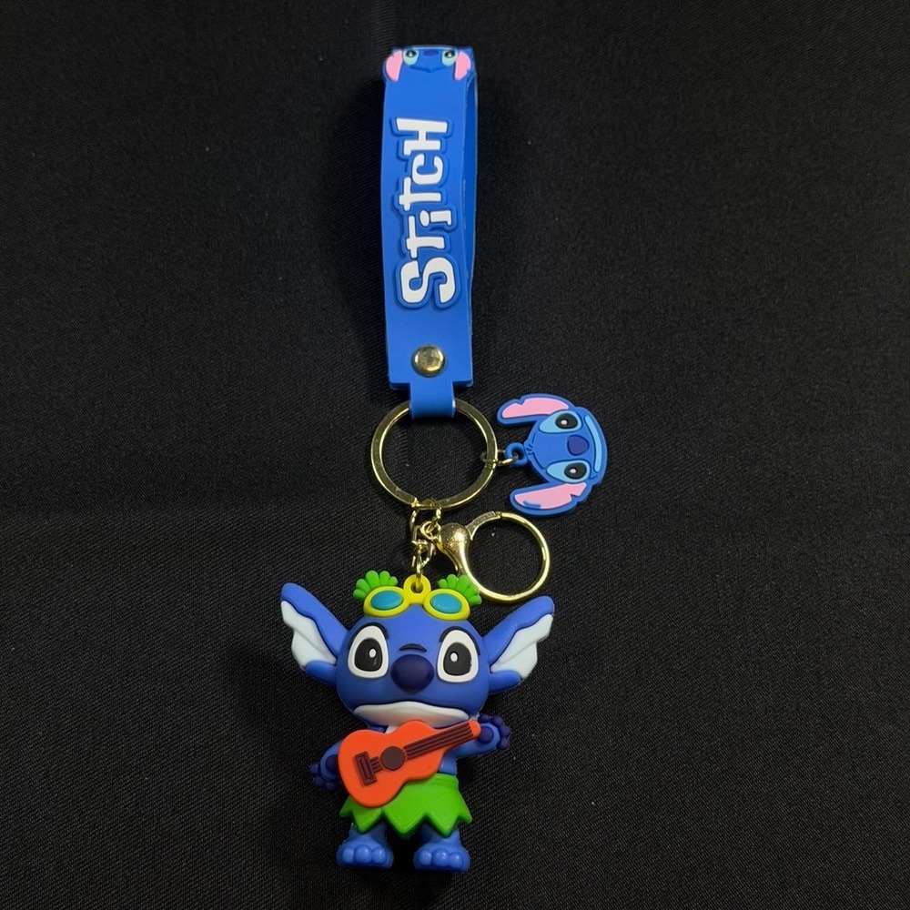 Disney Stitch Keychain Blue Rubber Figure with Ukulele and Wrist Strap